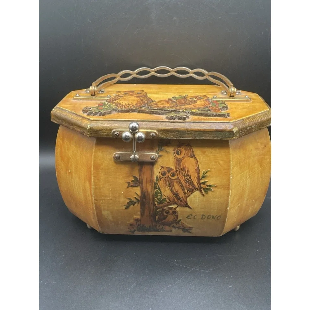 Rare Vintage 1960s-1970s Owl Wood Decoupage Purse